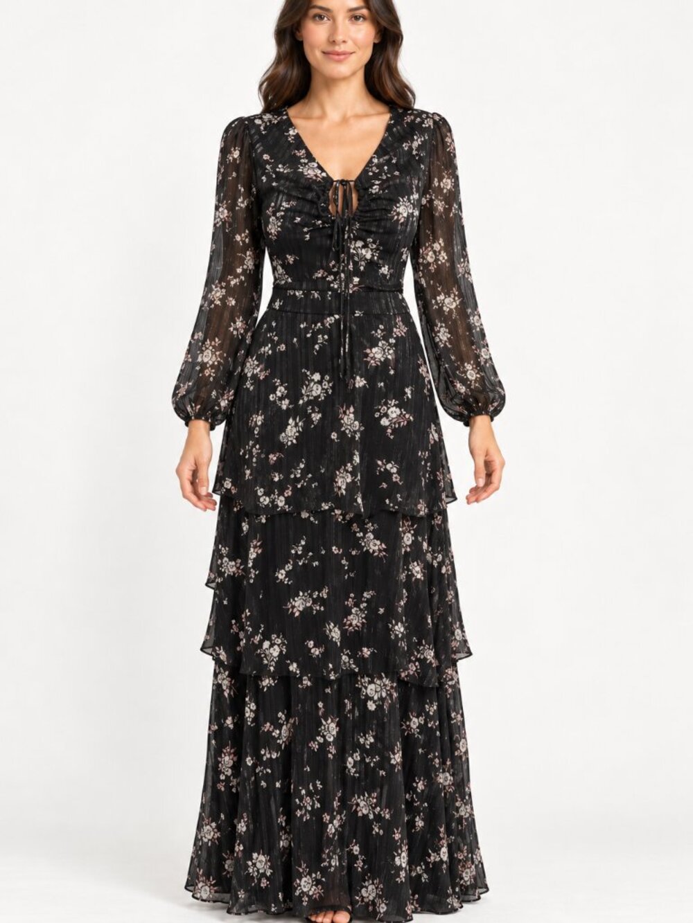 NWT Rachel Rachel Roy Black Floral Metallic Tiered Maxi Dress Size 6